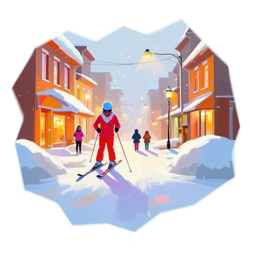 A skier in a bright red ski suit is making their way down a snow-covered city street. Snowflakes are falling gently around them, creating a wintery atmosphere. The street is lined with charming brick buildings, their rooftops thick with snow. Nearby, a couple of pedestrians in winter coats watch the skier with surprise. Fluffy white snow covers the ground, and snow drifts are piled along the edges of the street. Streetlamps are glowing warmly, illuminating the scene as evening approaches.
