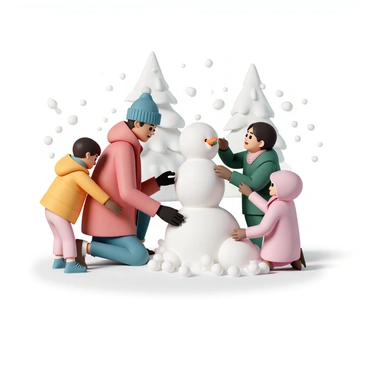 A family of four is building a snowman in their front yard. The father is wearing a red winter coat, black gloves, and a blue beanie, rolling a large snowball for the snowman's body. The mother, dressed in a green jacket, brown mittens, and a matching scarf, is placing a carrot on the snowman's face. Two children, a boy wearing a yellow puffer jacket and a girl in a pink coat, are helping by gathering smaller snowballs for the snowman's head and arms. Snowflakes are gently falling around them, creating a soft, white blanket on the ground and the trees in the background.