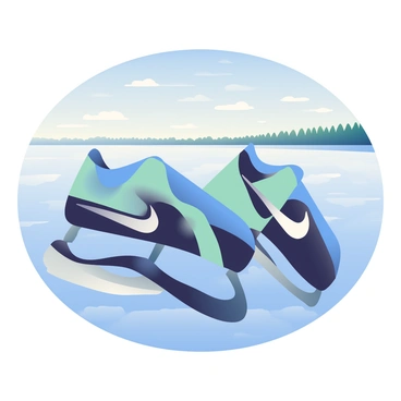 A pair of Nike shoes, designed as a hybrid with ice skates, is prominently displayed in the foreground. The shoes are sleek and modern, featuring a bright blue upper with black accents and a shiny silver swoosh. The blades of the skates extend from the base of the shoes, glinting under the sunlight. In the background, a frozen lake stretches out, covered in smooth, glistening ice. The surface reflects the clear blue sky, with a few wispy clouds scattered above. A distant line of trees frames the scene, their branches dusted with a light layer of snow.