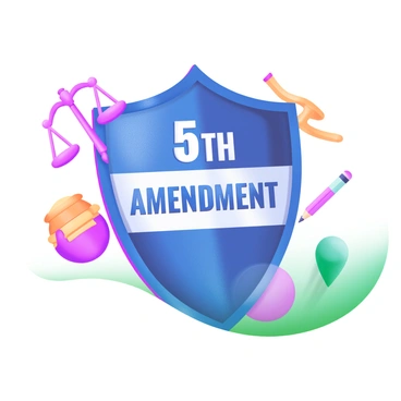 A modern pastel illustration featuring a prominently displayed shield. The shield is a deep blue color with a glossy finish, symbolizing protection. Across the center of the shield, the words "5th Amendment" are inscribed in bold, white letters. Surrounding the shield are icons representing various rights, including a gavel, a pair of scales, and a pencil, all designed in soft pastel hues. The background is a subtle gradient of light pastels, creating a harmonious and focused visual impact.