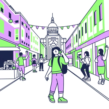 A traveler exploring a new city while learning local history through an audio guide.