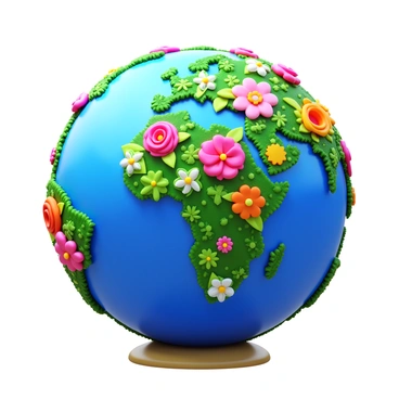 A globe composed entirely of various types of colorful flowers and green plants. Each section of the globe features distinct floral patterns, highlighting the diversity of blooms and foliage. The globe is rounded, with vibrant flowers like roses, daisies, and orchids, interspersed with lush green leaves and ferns. The globe sits on a simple base, emphasizing the intricate details of the plant life that forms the continents and oceans.