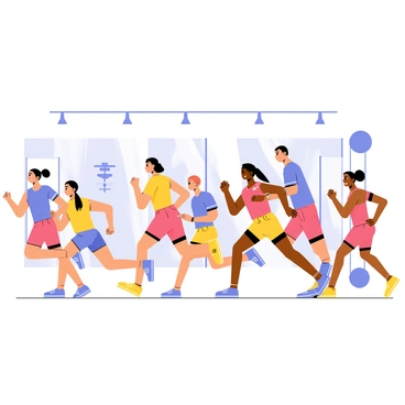 A group of six diverse participants in a fitness class engaged in sprint exercises inside a gym. The participants are wearing bright athletic gear, including tank tops and shorts in various colors such as blue, red, and yellow. They are positioned in different stages of the sprint, with some leaning forward and others mid-stride. The gym features large mirrors on the walls, reflecting their movements. Various fitness equipment like weights and exercise mats are visible in the background, adding to the gym atmosphere. Bright overhead lights illuminate the space, enhancing the energy of the scene.