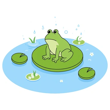 A green frog with large, bulging eyes is sitting comfortably on a round, green lily pad. The lily pad floats gently on the surface of a calm pond. The frog's smooth skin glistens slightly as it watches the small ripples created by raindrops falling onto the water. There are several small droplets splashing into the pond, creating circular patterns that expand outward. Surrounding the lily pad are a few other lily pads and delicate white flowers. The overall scene captures a moment of peaceful observation in a vibrant, natural setting.