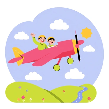 A small biplane with bright red wings soaring through a clear blue sky. Inside the biplane, two children, one wearing a yellow cap and the other in a green scarf, are laughing joyfully. Fluffy white clouds drift lazily around them, and the children are reaching out as if trying to catch the clouds. The sun shines brightly, illuminating their faces with excitement. Below, a vibrant green landscape stretches out, dotted with colorful flowers and a winding river glistening in the sunlight.