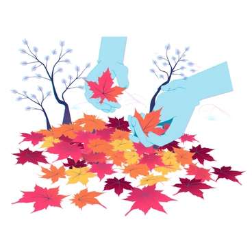 A collection of dry autumn leaves in vibrant hues of orange, yellow, and red, scattered across the ground. A pair of hands, with light skin and neatly trimmed nails, is in the process of gathering these leaves. The leaves are lifted, creating a staticky crackle sound that can be visually suggested by slight motion lines around them. In the background, there are trees with a few remaining leaves and a soft, diffused light filtering through, enhancing the atmosphere of the moment.