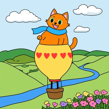 A playful cartoon cat with bright orange fur and big, expressive green eyes is sitting in a small, round hot air balloon. The balloon is a cheerful yellow, with a red pattern of hearts and stars on the side. Below, a vibrant landscape stretches out, featuring rolling hills in shades of green, dotted with patches of colorful flowers in pink, purple, and yellow. A winding river reflects the sky, while fluffy white clouds float lazily above. The cat wears a cute blue scarf that flutters in the wind as it gazes joyfully at the scenery, its paws resting on the edge of the balloon.