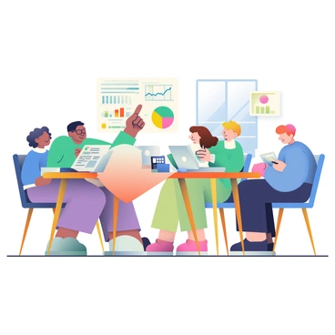 A family of four is gathered around a large wooden table, engaged in a discussion about finances. The father, who has dark hair and glasses, is pointing at a colorful pie chart displayed on a laptop in front of him. The mother, with curly brown hair, is taking notes with a pen on a notepad beside her. A teenage girl, wearing a blue sweater, is sitting next to her, examining a document that features a line graph. Across from them, a younger boy with short hair is looking at a tablet device showing a financial application. The table is cluttered with laptops, financial reports, and a calculator, creating a focused atmosphere. Natural light streams in from a nearby window, illuminating the scene.