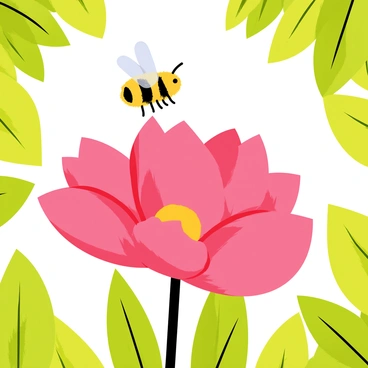 A bee with fuzzy yellow and black stripes is hovering above a vibrant flower. The flower is large and just starting to bloom, displaying bright pink petals that are unfurling. The background is filled with lush green leaves that frame the scene, enhancing the vivid colors of the flower and the bee. Sunlight casts a warm glow on the flower, highlighting its delicate texture and the bee's wings, which are shimmering in the light.