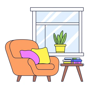 A cozy reading nook situated by a large window. The nook features a comfortable corner chair with plush, soft cushions in warm colors. Next to the chair, there is a small wooden side table holding a stack of colorful books. Sunlight streams in through the window, creating a warm and inviting atmosphere. A decorative potted plant sits on the windowsill, adding a touch of greenery to the scene.