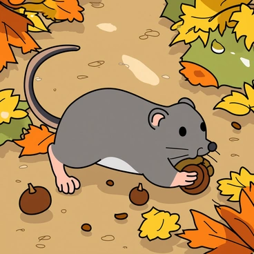 A small shrew with soft gray fur and tiny claws is busy collecting acorns. The shrew has beady black eyes and a pointed snout as it scurries among the colorful autumn leaves. The ground is covered with a mix of orange, yellow, and brown leaves scattered around. The shrew is holding an acorn in its paws, and there are a few more acorns lying nearby. Sunlight filters through the trees, casting dappled light on the scene, highlighting the vibrant colors of the fallen leaves.