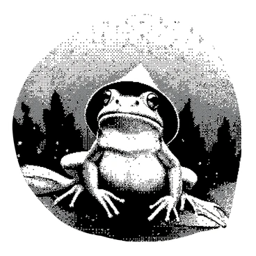 A frog with a smooth, rounded body is sitting on a leaf, wearing a tiny rain hat that fits snugly on its head. The frog has large, bulging eyes that glisten with droplets of water. Rain is falling in visible streaks around it, creating a pattern of small splashes on the water surface. The background features more leaves, some with rain droplets clinging to them, emphasizing the rainy day atmosphere. The composition captures the frog's playful demeanor as it enjoys the weather.
