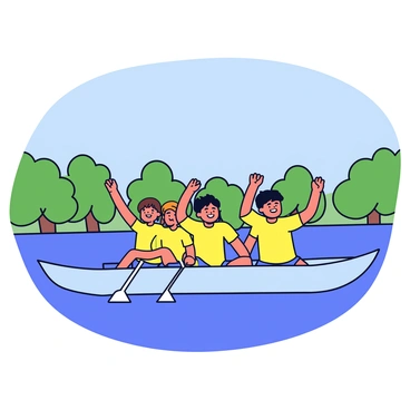 A rowing team consisting of four members is positioned in a sleek, light blue boat. Each rower is wearing matching bright yellow shirts. They are smiling broadly as they raise their oars high above their heads in celebration. The water of the river is calm and reflects the clear blue sky above. In the background, green trees line the banks of the river, creating a peaceful setting. The scene captures the excitement and joy of victory.