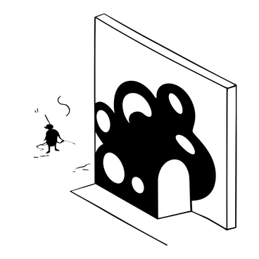 A large, dark shadow is prominently displayed on a plain wall, with intricate shapes and edges suggesting depth and mystery. The surrounding area is well-lit, emphasizing the stark contrast between the illuminated space and the shadowy form. No visible source of light or object is nearby, further enhancing the enigmatic quality of the scene. The wall itself appears smooth and devoid of markings, serving as a plain backdrop for the striking shadow.