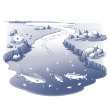 A river flows through a landscape marred by deforestation. The banks are lined with stumps where trees have been cut down, and patches of bare earth are visible. The water appears murky and dark, indicating pollution from runoff. Fish and other aquatic life are struggling in the water, with some fish appearing lethargic and floating near the surface. Debris, including plastic and organic matter, is present in the water. The contrast between the vibrant life of the river and the harsh effects of the pollution serves as a stark representation of environmental degradation.