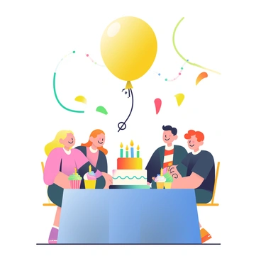 A helium balloon in a bright yellow color is floating above a festive birthday party. The balloon has a singed string that is frayed at the end, indicating it has been exposed to flames. Below, a colorful table is adorned with a blue tablecloth and decorated with a variety of party items. There are cupcakes with vibrant frosting and a large birthday cake topped with candles. Streamers in an array of colors hang from the ceiling, creating a celebratory atmosphere. Party guests are gathered around, smiling and enjoying the moment.