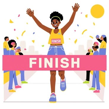 A black girl crossing the finish line of a marathon, with her arms raised in triumph. She has curly hair tied up in a ponytail, and she is wearing a colorful sports outfit. The finish line is marked by a bright red banner with "FINISH" written in bold white letters. Excited spectators are cheering in the background, and confetti is falling from the sky, creating a festive atmosphere. The sun is shining brightly, illuminating her determined expression as she completes the race.
