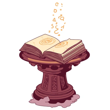 An ancient, weathered tome with cracked leather covers is resting on an ornate wooden pedestal. The pages of the tome are slightly open, revealing intricate, glowing symbols that gently float upward from the pages. The pedestal is decorated with carvings of mystical patterns and runes, adding to the arcane atmosphere. Soft light emanates from the glowing symbols, casting delicate shadows around the pedestal. A faint mist swirls at the base of the pedestal, enhancing the mysterious allure of the scene.