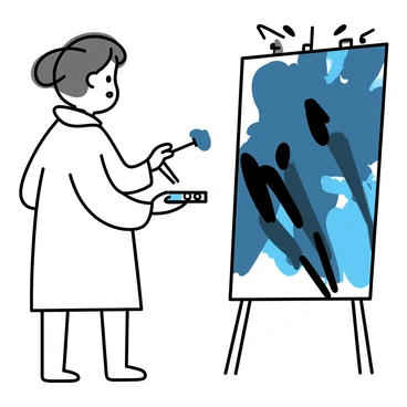 An artist, wearing a white smock, stands in front of a large canvas. The canvas is filled with dark colors such as deep blues and blacks, with chaotic strokes that mix and swirl together. The artist is focused on the piece, holding a palette with various dark hues in one hand and a brush in the other. Their expression is intense as they apply quick strokes to the canvas, with paint splatters on the floor and on their hands.