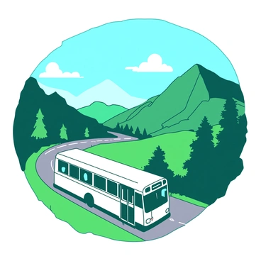 A white school bus is traveling up a winding mountain road. The road curves sharply, revealing a stunning panorama of towering green mountains and valleys below. The sky above is bright blue with a few fluffy white clouds scattered throughout. On either side of the road, lush trees provide a vibrant green backdrop to the scene. The bus is in motion, with its windows reflecting the sunlight, as it navigates the twists and turns of the scenic route.