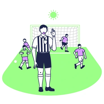 A referee stands on a green soccer field, holding a whistle in his mouth. He is wearing a black and white striped shirt, black shorts, and black shoes. His hands are raised, signaling the start of the game. Surrounding him are players from two teams, wearing distinct colored jerseys, and they are scattered across the field, ready for action. Behind the referee, a goalpost is visible, with a net stretching tightly across it. The sun is shining, casting shadows onto the grass.