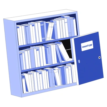 A bookcase stands against the wall, filled with various books of different sizes and thicknesses. The shelves are carefully organized, with some books stacked horizontally and others placed vertically. One section of the bookcase reveals a hidden door that is slightly ajar, creating a small opening. The interior of the door is partially visible, and a sign is positioned inside, displaying the words "research gap" in clear, bold lettering. The surrounding area is dimly lit, highlighting the intriguing nature of the hidden door.