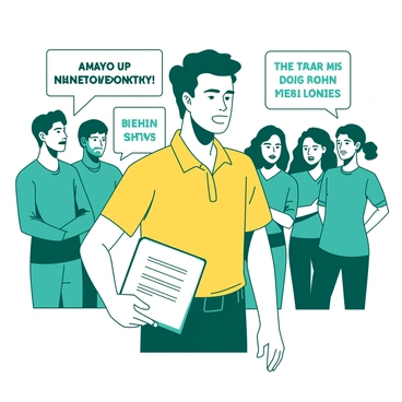 A trainer stands confidently in front of a group of eager team members, all attentively focused on him. The trainer is wearing a bright yellow polo shirt, emphasizing his role as a leader. He holds a white clipboard in his left hand, which has notes about the upcoming event. The team members, dressed in coordinated teal sports gear, show expressions of determination and excitement. Behind them, there are banners with motivational phrases, adding to the electrifying atmosphere. The scene captures the moment before the big event, filled with anticipation and energy.