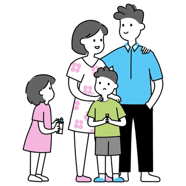 A family of four is standing together for a portrait. The father, wearing a blue shirt and dark jeans, has his arm around the mother, who is dressed in a light floral dress. The mother has a gentle smile, but her eyes are shiny with tears, capturing a bittersweet moment. The two children, a boy in a green t-shirt and a girl in a pink dress, are standing in front of their parents. The boy is looking at his mother with concern, while the girl is holding a small toy in her hands, gazing upwards. The family's expressions convey a mix of happiness and sadness.