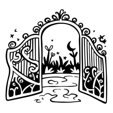 An ornate, wrought-iron gate shaped with intricate patterns, including swirling vines and floral designs, stands slightly ajar. The gate is adorned with small, decorative crescent moons and stars. Beyond the gate, a glimpse of a lush garden can be seen, filled with various plants and herbs. Some tall, spindly flowers tower over the lower foliage. A cobbled pathway leads into the garden, with shadows cast by the gate across the ground. The atmosphere suggests a sense of mystery and enchantment surrounding the garden.