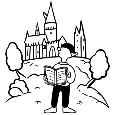A house-elf standing proudly in front of Hogwarts Castle, with his ears pointed and large. The house-elf is holding an open book, showing visible pages filled with text. The castle towers and turrets are detailed in the background, with the iconic spires reaching up towards the sky. The ground is uneven, with patches of grass and rocks leading up to the castle. Trees surround the castle, framing the scene with their outlines in the background.