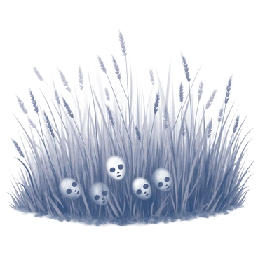 A vast field of tall grass swaying gently under the influence of soft winds. The grass is lush and dense, creating a flowing texture across the landscape. Subtle, ghostly faces are discernible among the blades of grass, merging with the green foliage. These faces appear faint and ethereal, adding an intriguing element to the serene natural setting. The overall composition captures the movement of the grass and the mysterious presence hidden within it.