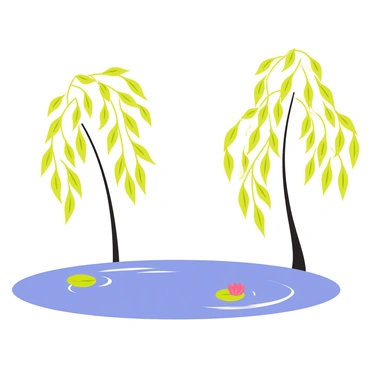 A serene pond with gentle ripples formed by a light breeze. The pond is surrounded by tall, graceful willow trees with long, flowing branches that touch the water's surface. Bright green leaves flutter in the breeze, creating a soothing atmosphere. A few lily pads float on the water, adding a touch of color to the scene.