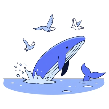 A large whale breaching the surface of the ocean, with a splash of water cascading around its body. The whale's skin is a deep blue with lighter patterns. Above the whale, several small birds are flying with their wings spread wide, showcasing a mix of white and gray feathers. The ocean surface is rippling with gentle waves, reflecting a soft light.