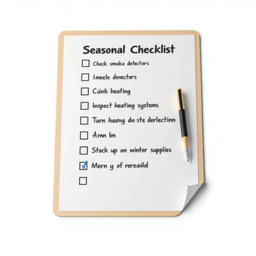 A wall-mounted seasonal checklist displayed in a clear and organized manner. The checklist is on a wooden board with a natural finish. Each item on the list is written in neat, legible handwriting. At the top of the list, the title "Seasonal Checklist" is prominently displayed. One of the key items includes "Check smoke detectors" highlighted in bold, indicating its importance as winter approaches. Additional items on the list, such as "Inspect heating systems" and "Stock up on winter supplies," are also included, each with checkboxes beside them. A pen is resting on the board for easy marking off of completed tasks.