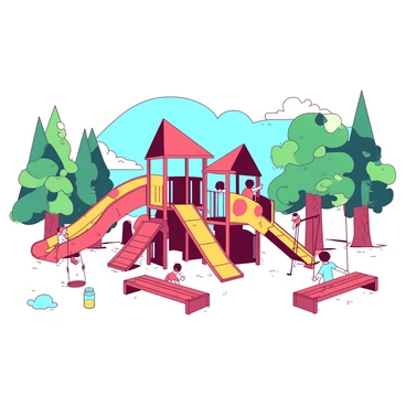 A duotone illustration of a playground featuring modernist equipment with geometric designs. The playground includes a series of climbing structures and slides in various shapes such as triangles and circles. The equipment is in bright colors, with some elements in {color_1} and others in {color_2}. In the foreground, there are children playing, swinging, and climbing, while in the background, there are trees with green leaves and a clear blue sky. A few benches in the playground provide seating for parents watching the children.