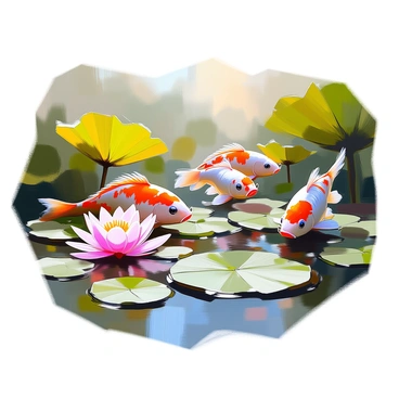 A group of colorful koi fish gracefully weaving between large, vibrant water lilies in a tranquil pond. The koi fish exhibit a variety of colors including orange, white, and black, with patterns that reflect their playful nature. The water surface is calm, creating gentle ripples as the fish swim. Several water lilies float on the surface, their large green leaves providing a natural backdrop, while delicate pink and white blossoms emerge, adding to the enchanting scene. The pond is bordered by lush greenery, enhancing the peaceful atmosphere.