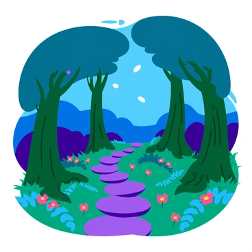 A hidden grove with tall, slender trees that have trunks covered in emerald green moss. The leaves of the trees emit a soft, magical glow in shades of blue and purple, creating an enchanting atmosphere. The ground is covered in delicate ferns and colorful wildflowers that also reflect the gentle light. A serene, winding path made of smooth stones leads through the grove, inviting exploration. Small, sparkling orbs float in the air, adding to the mystical ambiance of the scene.