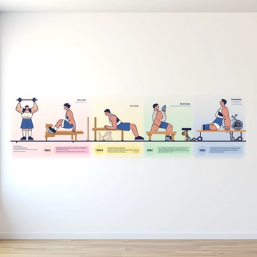 A large historical timeline mural spans across a wall, depicting the evolution of the bench press exercise. At the beginning of the timeline, there is an illustration of a strongman from the late 19th century lifting a heavy barbell above his chest, showcasing early weightlifting techniques. Progressing through the timeline, an early 20th-century bodybuilder is depicted on a wooden bench, performing the bench press with a simple barbell and weights. The middle section features athletes from the mid-20th century, highlighting advancements in technique and equipment, with a more modern bench and weights. As the timeline approaches the contemporary era, a modern weightlifter is shown using a high-tech bench press with specialized weights and safety equipment. Each segment is labeled with the corresponding year and notable achievements in the evolution of the exercise. The background of the mural displays subtle gradients to enhance the visual flow of time.