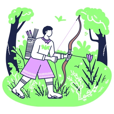 An indigenous hunter with a handmade bow and arrow tracking prey in a jungle
