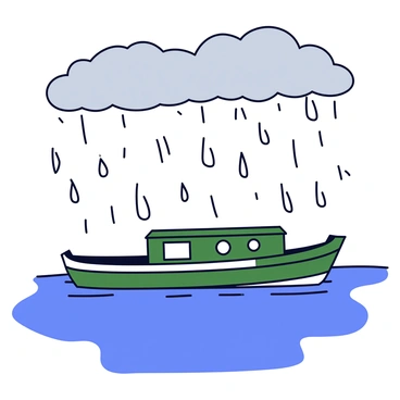 A canal barge is floating on a body of water under a gray sky filled with rain clouds. The barge is painted in a deep green color with white accents, featuring a small cabin and a wide deck. Raindrops are falling steadily, and each drop creates distinctive ripples on the surface of the water. The reflections of the raindrops can be seen vividly in the water, capturing the movement and texture of the rain. The overall scene conveys a sense of stillness amidst the rain.