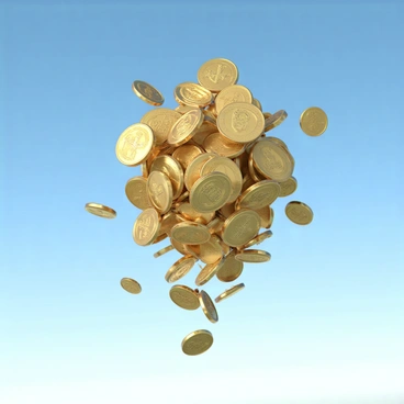 A cluster of shiny coins in various denominations is falling from the sky, resembling skydivers in freefall. Each coin glints in the sunlight, showcasing intricate designs and details on their surfaces. The coins spin and tumble through the air, creating a dynamic scene. The sky is clear and blue, providing a striking backdrop for the unusual descent of these coins. Some coins are closer to the ground, while others are higher up, adding depth to the composition.