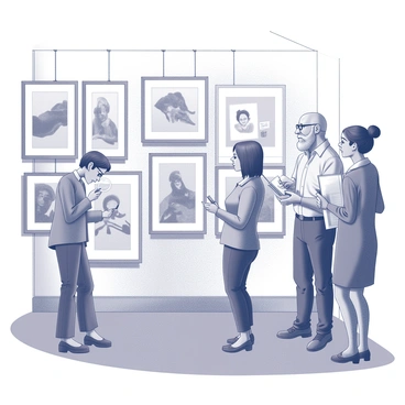 A group of four art enthusiasts is gathered in a well-lit gallery. They are examining various illustrations on display. Each enthusiast holds a magnifying glass in one hand and a notebook in the other. The first person, a middle-aged woman with short hair, leans in closely to observe the details of an illustration, her brow furrowed in concentration. The second person, a young man with glasses, is taking notes rapidly while glancing between the artwork and his notebook. A third individual, an elderly man with a long beard, is standing back, thoughtfully contemplating the piece with his magnifying glass. The fourth participant, a woman with a bun hairstyle, is discussing her observations with the elderly man, pointing at details in the artwork. The gallery walls are lined with framed illustrations, showcasing a range of artistic styles, and the floor is polished wood.