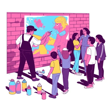 A street artist is painting a large mural on a brick wall, using vibrant colors. The artist is wearing a black beret and overalls splattered with paint, focused on adding details to the mural. Surrounding the artist, there are several onlookers of diverse backgrounds, some taking pictures with their smartphones and others discussing the artwork. A few children are pointing at the mural, their expressions filled with excitement. In the foreground, colorful spray paint cans are scattered on the ground next to the artist. The mural features dynamic shapes and bold patterns that draw the attention of the crowd.