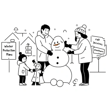 A family is outdoors in a snowy neighborhood. They are surrounded by snow-covered houses and trees. The parents, a man wearing a warm jacket and a woman in a knitted hat, are helping their two children, a boy and a girl, to build a snowman. The snowman is large, with a carrot nose and two coal eyes. Nearby, there is a wooden sign that reads “Winter Protection Plans” in clear letters. The children are laughing and rolling large snowballs while the parents are shaping the snowman’s body. There are snowflakes falling gently from the sky.