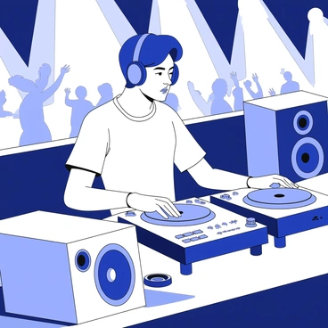A DJ is positioned behind a turntable in a club, concentrating on mixing tracks. The DJ wears large headphones, and their hands are skillfully manipulating the controls on the turntable. Surrounding the DJ are various pieces of audio equipment, including speakers and a mixer. The atmosphere is filled with vibrant lights illuminating the scene, casting dynamic shadows and creating an energetic environment. The crowd can be seen dancing in the background, adding to the lively setting.