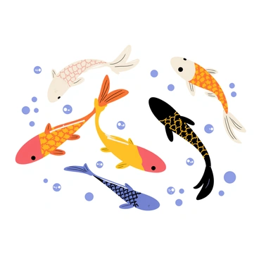 A group of colorful koi fish swimming in various directions. Each koi fish features distinct colors, including orange, white, black, and yellow patterns on their scales. The fish are depicted with flowing fins and tails, creating a sense of movement. They are surrounded by rippling water, which reflects the vibrant colors of the fish. Some koi are near the surface with bubbles rising around them, while others swim deeper in the water, creating a dynamic underwater scene.