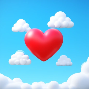 A red heart floating gently among fluffy white clouds in a bright blue sky. The heart appears glossy and three-dimensional, reflecting light as it moves. The clouds are soft and puffy, creating a dreamy atmosphere. The sky is vibrant with a clear blue color, enhancing the lively feel of the scene.