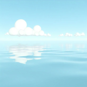 A clear, vast ocean stretches out to the horizon under a bright blue sky. White, fluffy clouds drift lazily along, perfectly reflecting on the glass-like surface of the water. The ocean's surface shows a seamless blend of blues and whites, with gentle ripples creating subtle variations in the reflection. The scene is tranquil, emphasizing the harmony between the sky and the water, as the clouds appear almost as if they are floating on the ocean itself.