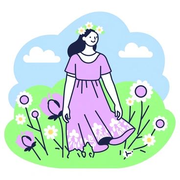 A young woman is standing in a field filled with wildflowers. She has long flowing hair and is wearing a flower crown made of "daisies" and "peonies". Her dress is light and flows gently in the breeze, with a subtle pattern. She has a soft smile on her face as she gazes into the distance. The background features a bright blue sky with a few fluffy clouds, enhancing the cheerful atmosphere.
