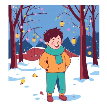 An Indian boy is joyfully celebrating a winter festival. He is wearing a colorful orange sweater and a warm teal scarf. The boy stands with a big smile, surrounded by a display of vibrant fairy lights hanging from nearby trees. The ground is adorned with a blanket of snow, and there are small colorful lanterns scattered around him. In the background, there are festive decorations illuminating the scene, creating a lively atmosphere.